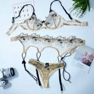 Beige & Black Sheer Embroidered Garter Set