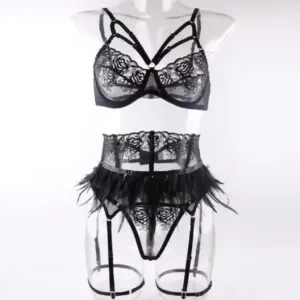 Black Lace Feather Trim 3-Piece Set