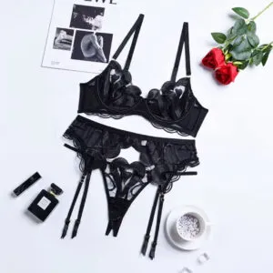 Black Floral Embroidery Garter Set