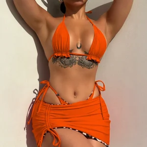 Orange Ruched Halter Bikini