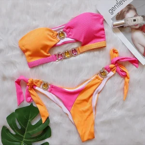 Pink Orange Jeweled Bikini Set