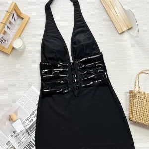 Black Halter Lace-Up Romper